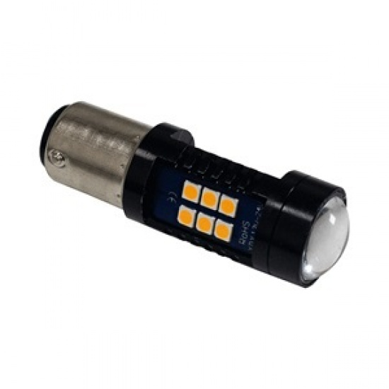 Большое фото товара - Автолампа светодиодная 12-24V/21+5W 2-конт желтая 18-диодов линза свет смещ. цоколь (S0036), 12-24/21+5 LED Ж. Вариант №1